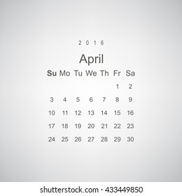 Calendar April 2016 vector design. Week starts from Sunday.