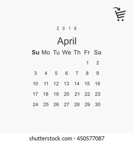 Calendar April 2016 vector design. Week starts from Sunday.