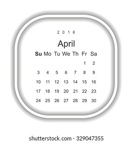 Calendar April 2016. Week starts from Sunday. Modern design flat style icon