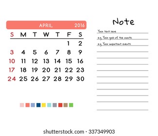 Calendar for April 2016. Week Starts Sunday. Clean and Simple Vector Template with color palette