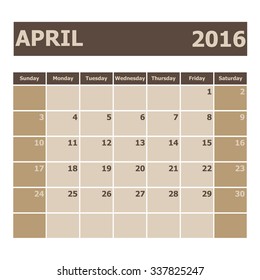 Calendar April 2016, week starts from Sunday, stock vector