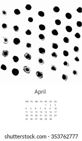 Calendar for April 2016 . Week starts on Monday . Ready to print . Drawn Grayscale spot illustration. Full Vector EPS 10 .