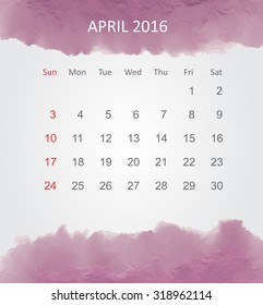 Calendar for april 2016.Vector illustration.