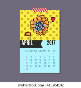 Calendar for April 2017 of cacti, succulents in a contemporary style on a blue background and patterns. Vector.