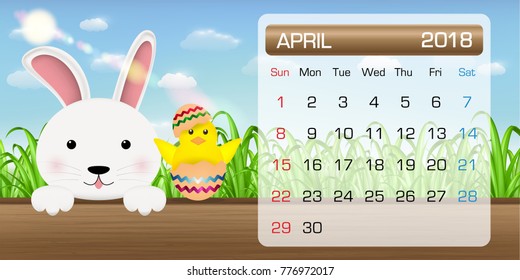 calendar of APRIL 2018 month  bunny chick easter