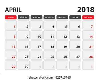 calendar for April 2018, Week Starts on Monday
