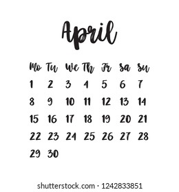 Calendar for April 2019