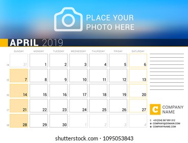 Calendar for April 2019. Vector Design Print Template with Place for Photo, Logo and Contact Information. Week Starts on Sunday. Calendar Grid with Week Numbers and Place for Notes