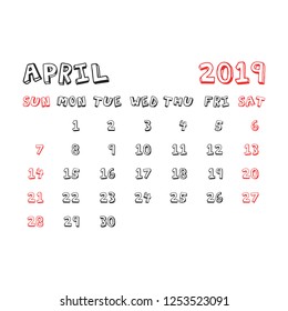 Calendar april 2019 year in cartoon child style. Calendar planner design template. Agenda april monthly reminder. Business vector illustration.