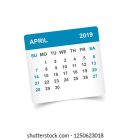 Calendar april 2019 year in paper sticker with shadow. Calendar planner design template. Agenda april monthly reminder. Business vector illustration.