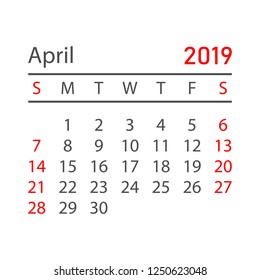 Calendar april 2019 year in simple style. Calendar planner design template. Agenda april monthly reminder. Business vector illustration.