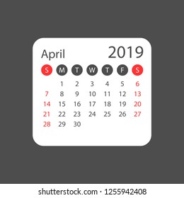 Calendar april 2019 year in simple style. Calendar planner design template. Agenda april monthly reminder. Business vector illustration.