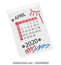 Calendar for April 2020. Vector calendar template on checkered sheet of paper. Hand drawn scribble elements. Week starts on Sunday.