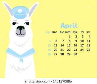 Calendar for April 2020. Week start on Sunday. Cute llama in a sailor suit visor and collar. Funny animal.