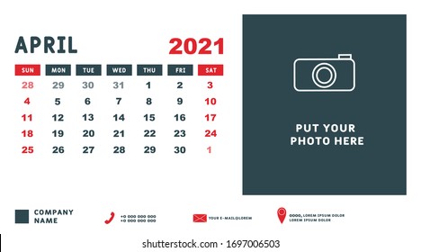 Calendar for April 2021. Week starts on Sunday. Calendar template design with Place for Photo and Company Logo. Vector illustration.