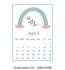 Calendar for April 2022, color vector illustration in boho style pastel colors