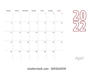 Calendar for April 2022 in modern design, planner template. Vector calendar 2022.