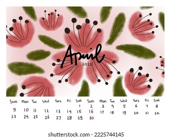 Calendar of April 2023, aesthetic flower pink, red shades and leaves vector, illustrations