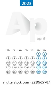 Calendar for April 2023, blue circle design. English language, week starts on Monday. Vector template.