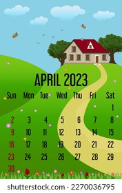 calendar april 2023. calendar template with house, tree and clouds. spring concept. week starts sunday