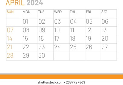 Calendar April 2024, corporate design template vector. Desk calendar 2024