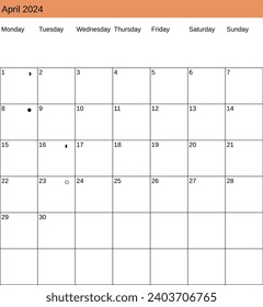 calendar of April 2024 in English language