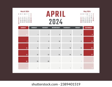 calendar for april 2024 starts sunday, vector calendar design april 2024 year