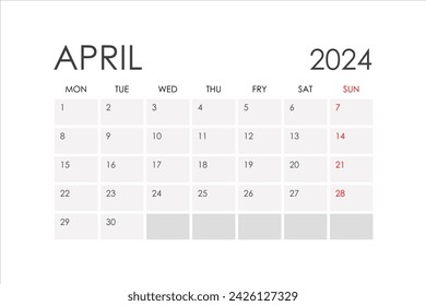 Calendario para abril de 2024. La semana comienza el lunes. Planeador.