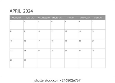 Calendar for April 2024. The week starts on Monday. Glider