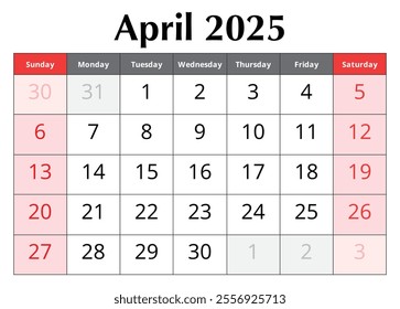 Calendar for April 2025. Design vector illustration. English page of the spring month