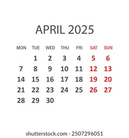 Calendar april 2025 icon in flat style. Planner vector illustration on isolated background. Calender sign business concept.