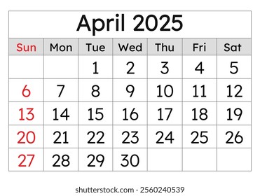 Calendar for april 2025. Simple vector illustration. English page of the spring month
