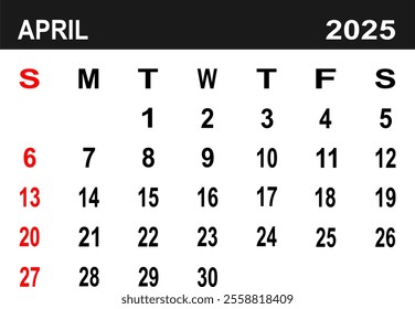 Calendar for April 2025. the week begins on Monday. flat design. removable calender for the month. vector ilustration. 