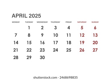 Calendar for April 2025. The week starts on Monday.