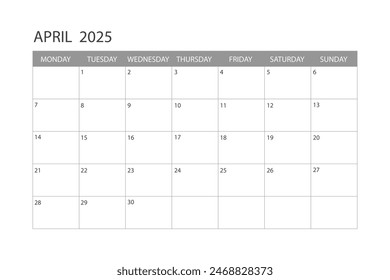 Calendar for April 2025. The week starts on Monday.