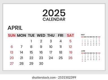 Calendar for April 2025. Week starts from Monday. Business and personals planer Vector illustration