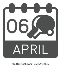 Calendar April 6, two tennis rackets and ball solid icon, tennis concept. Vector graphics. Page paper sign on white background, glyph style icon for mobile or web design