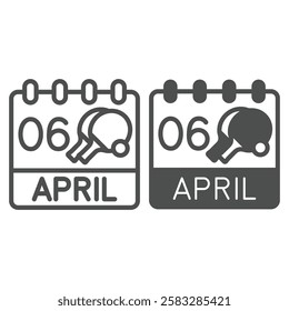 Calendar April 6, two tennis rackets and ball line and solid icon, tennis concept. Vector graphics. Page paper sign on white background, outline style icon for mobile or web design