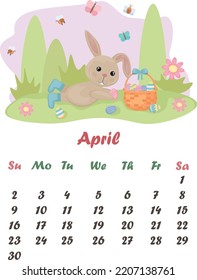 Calendar April. A cute rabbit is lying with a basket of Easter eggs. Calendar with cartoon rabbit. Vector illustration