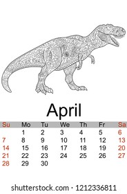 Calendar April month 2019. Antistress coloring of prehistoric animal, dragon, dinosaur. Vector illustration