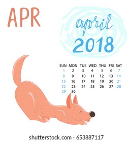Calendar for april in year 2018. Red dog isolated on white background. 