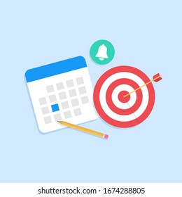 Calendar, Arrow Hit The Target, Notification Icon And Pencil. Concept Of Planning Events Or Setting Goals And Achieving Them. Vector Illustration.