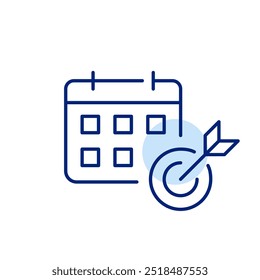 Calendario y flecha golpeando el objetivo. Establecimiento de objetivos, planificación del éxito. Icono de trazo perfecto y editable del píxel