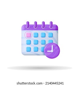 Calendar assignment and clock icon. Schedule, appointment, Planning concept. design business graphics tasks schedule for the month. 3d vector illustration