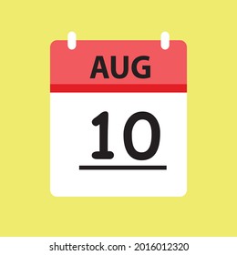Calendario - Icono de la ilustración del 10 de agosto símbolo vectorial aislado diseño plano rojo y blanco
