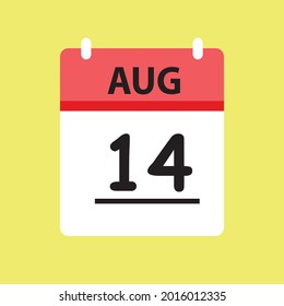 Calendario - Icono de la ilustración del 14 de agosto símbolo vectorial aislado diseño plano rojo y blanco