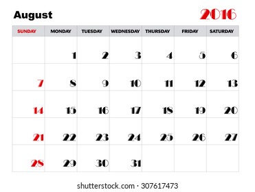 Calendar august 2016  in English
