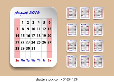 Calendar for August 2016. Twelve monthly sheets are on the right side of the vector. Calendar for August is on the left side. All is on the trendy yellow background.