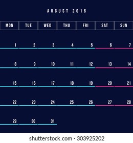 Calendar August 2016 vector design template - Minimalism Style