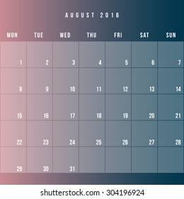 Calendar August 2016 vector design template - Minimalism Style